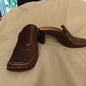 Chocolate brown leather mule.